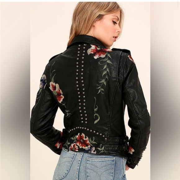 BLANKNYC Black Moto Vegan Leather Jacket - Floral Embroidery - size large - Picture 2 of 11